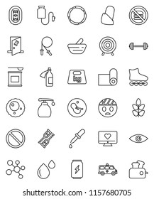 thin line vector icon set - liquid soap vector, barbell, jump rope, roller Skates, target, sports nutrition, enegry drink, molecule, fitness mat, cereals, prohibition sign, no fastfood, hoop, weight