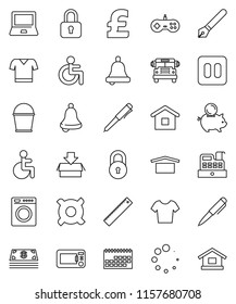thin line vector icon set - bucket vector, pen, ruler, bell, notebook pc, school bus, piggy bank, any currency, pound, t shirt, calendar, dry cargo, pause button, disabled, loading, lock, cash, home