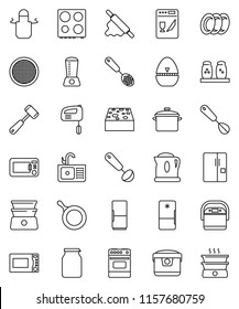 thin line vector icon set - sponge vector, plates, sink, pan, apron, cook timer, whisk, skimmer, ladle, rolling pin, meat hammer, microwave oven, double boiler, spices, sieve, jar, fridge, mixer