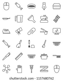 thin line vector icon set - scraper vector, broom, fetlock, sponge, iron, toilet brush, rubber glove, pan, colander, measuring cup, cook press, blender, sieve, pen, ruler, telescope, social media