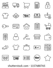 thin line vector icon set - receipt vector, gift, credit card, wallet, cash, new, open, store, customer, reader, cashbox, basket, cart, home, shopping list, calculator, auction, delivery, lock, star