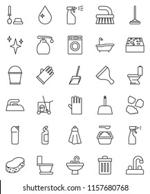 thin line vector icon set - scraper vector, cleaner trolley, fetlock, mop, scoop, bucket, sponge, towel, trash bin, water drop, shining, iron, bath, toilet, brush, washer, washing powder, sprayer