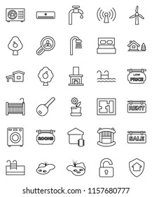 thin line vector icon set - cottage vector, chalet, pond, pool, windmill, water supply, fruit tree, plan, sale signboard, rent, rooms, low price, client search, key, unlock, crib, bath, washer