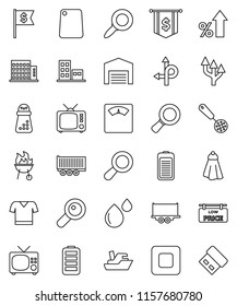 thin line vector icon set - towel vector, skimmer, cutting board, hand mill, bbq, magnifier, percent growth, dollar flag, scales, t shirt, route, ship, truck trailer, tv, battery, stop button, arrow