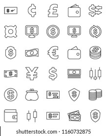 thin line vector icon set - exchange vector, dollar coin, japanese candle, wallet, cash, stack, check, shield, monitor, any currency, euro sign, pound, yen, cent, money