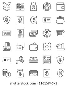 thin line vector icon set - dollar coin vector, credit card, wallet, investment, stack, receipt, shield, any currency, euro sign, yen, cash, money bag, cashbox, check