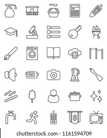 thin line vector icon set - shining vector, washing powder, liquid soap, pan, spatula, bbq, cereal, book, graduate hat, pen, microscope, calculator, dollar flag, horizontal bar, stairways run, video