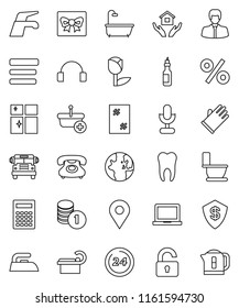 thin line vector icon set - water tap vector, window cleaning, iron, toilet, rubber glove, shining, house hold, oil, calculator, notebook pc, school bus, world, manager, coin stack, phone, tulip