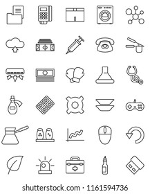 thin line vector icon set - cook press vector, turk coffee, spices, plates, oil, molecule, leaf, graph, cash, any currency, stadium, boxing glove, shorts, doctor bag, syringe, stethoscope, potion