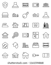 thin line vector icon set - sponge vector, welcome mat, iron, shining window, microwave oven, university, warehouse, home, key, house, chalet, sale signboard, rooms, apartments, office building