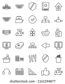 thin line vector icon set - plates vector, kettle, colander, pasta, steak, school building, corner ruler, student, dollar growth, hierarchy, calendar, monitor, cereals, protected, headphones, mortar