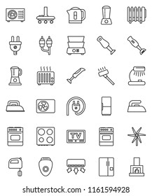 thin line vector icon set - vacuum cleaner vector, iron, mixer, oven, double boiler, blender, table lamp, tv, rca, windmill, ari condition, fridge, power plug, epilator, air conditioner, kettle