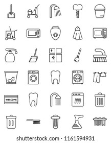 thin line vector icon set - plunger vector, cleaner trolley, broom, fetlock, scoop, bucket, towel, trash bin, welcome mat, drying clothes, washer, liquid soap, shining window, shower, microwave oven