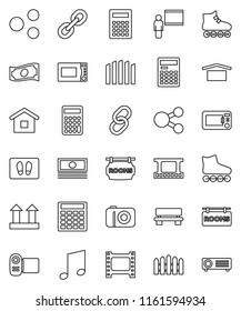 thin line vector icon set - welcome mat vector, microwave oven, blackboard, calculator, music, cash, roller Skates, dry cargo, top sign, film frame, link, share, bench, fence, rooms signboard, home