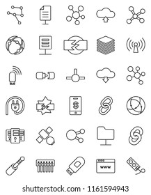 thin line vector icon set - molecule vector, satellite, social media, link, jack, connect, connection, network, disconnection, folder, big data, server, browser, hub, usb modem, cloud upload, chain
