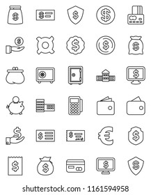 thin line vector icon set - school building vector, dollar coin, credit card, wallet, money bag, piggy bank, investment, check, receipt, medal, shield, safe, monitor, any currency, euro sign, reader