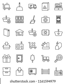 thin line vector icon set - scoop vector, washing powder, cereal, pasta, archive, binder, safe, first aid kit, wood box, cargo, no trolley, warehouse, package, search, radio, relocation truck, gift