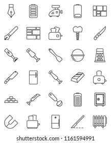 thin line vector icon set - camping cauldron vector, spatula, ladle, knife, grater, toaster, blender, pen, magnet, gold ingot, safe, consolidated cargo, battery, scalpel, tooth implant, fridge