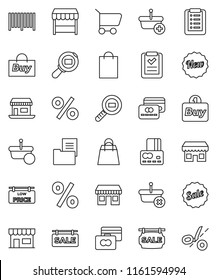 thin line vector icon set - credit card vector, office, cargo search, estate document, sale signboard, low price, new, shopping bag, percent, market, store, buy, barcode, basket, cart, list, coupon