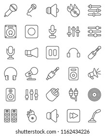 thin line vector icon set - disk vector, music hit, microphone, speaker, loudspeaker, settings, headphones, pause button, forward, rec, rca, jack, equalizer