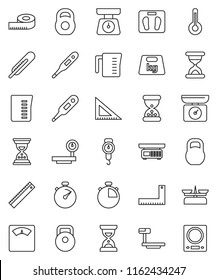 thin line vector icon set - measuring cup vector, scales, corner ruler, sand clock, stopwatch, weight, big, thermometer, store, kitchen