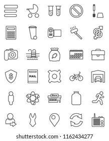 thin line vector icon set - vacuum cleaner vector, trash bin, toilet brush, jar, cereal, atom, calculator, case, man, dollar shield, any currency, bike, swimsuite, pool, prohibition sign, run, vial
