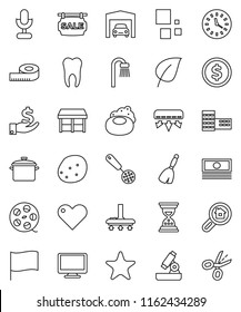 thin line vector icon set - soap vector, broom, vacuum cleaner, pan, skimmer, potato, school building, microscope, flag, leaf, dollar coin, cash, investment, sand clock, measuring, film spool, heart
