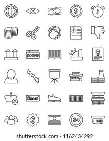 thin line vector icon set - alarm clock vector, scissors, presentation, world, exam, exchange, cash, crisis, coin stack, annual report, dollar medal, snickers, sea container, top sign, group, eye