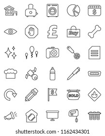 thin line vector icon set - shining vector, cook hat, skimmer, toaster, pencil, pen, document, pie graph, presentation board, dollar flag, calendar, pound, water bottle, bone, satellite, flammable