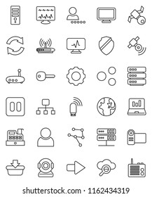 thin line vector icon set - world vector, laptop graph, satellite, satellitie, pause button, diagnostic monitor, network, server, cloud glass, big data, gear, shield, usb modem, router, share, arrow