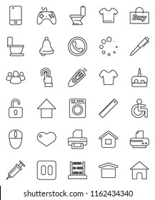 thin line vector icon set - toilet vector, cake, ruler, pen, bell, abacus, arrow up, t shirt, dry cargo, gamepad, remote control, mobile phone, touchscreen, group, heart, pause button, disabled, buy