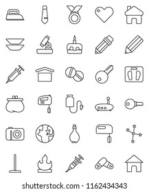 thin line vector icon set - mop vector, oil, plates, cake, pencil, microscope, world, constellation, tie, scales, medal, dry cargo, flammable, heart, syringe, pills, drop counter, router, home, key
