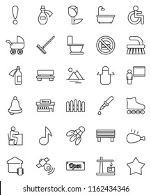 thin line vector icon set - fetlock vector, rake, toilet, apron, chicken leg, blackboard, student, bell, music, roller Skates, shuttlecock, no fastfood, attention, tulip, satellitie, disabled, bench