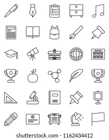 thin line vector icon set - book vector, copybook, graduate hat, pen, university, pencil, corner ruler, backpack, apple fruit, telescope, microscope, table lamp, calculator, schedule, clipboard
