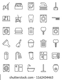 thin line vector icon set - scraper vector, cleaner trolley, broom, fetlock, mop, scoop, bucket, sponge, trash bin, window cleaning, washer, shining, toilet paper, shower, microwave oven, tooth