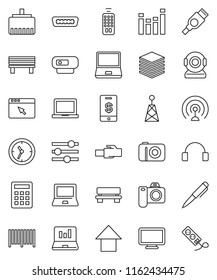 thin line vector icon set - pen vector, notebook pc, laptop graph, arrow up, clock, antenna, equalizer, remote control, headphones, hdmi, big data, browser, lan connector, bench, barcode, calculator