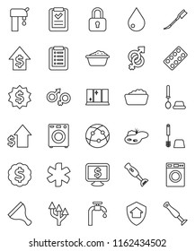 thin line vector icon set - scraper vector, water drop, car fetlock, toilet brush, washer, foam basin, shining window, blender, dollar growth, medal, monitor, internet, ambulance star, gender sign