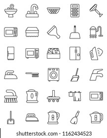 thin line vector icon set - scraper vector, broom, water tap, vacuum cleaner, fetlock, scoop, sponge, iron, steaming, drying clothes, sink, kettle, colander, grater, microwave oven, washer, fridge