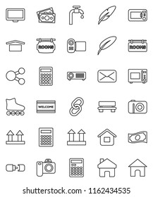 thin line vector icon set - welcome mat vector, microwave oven, pen, calculator, cash, roller Skates, money, dry cargo, top sign, monitor, link, mail, share, home, bench, connection, water supply