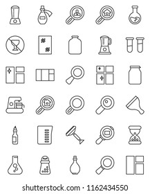 thin line vector icon set - scraper vector, window cleaning, shining, oil, measuring cup, hand mill, jar, magnifier, flask, no alcohol sign, cargo search, vial, sand clock, potion, estate, client