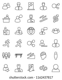 thin line vector icon set - student vector, manager, man, horizontal bar, stairways run, client, speaking, social media, group, doctor, gender sign, head bandage, medical room, share, login
