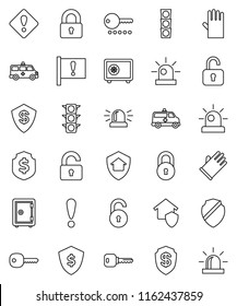 thin line vector icon set - rubber glove vector, dollar shield, safe, attention, traffic light, amkbulance car, lock, unlock, key, sign, siren, home protect, password