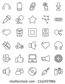 thin line vector icon set - disk vector, music hit, microphone, speaker, loudspeaker, gamepad, video camera, touchscreen, headphones, notebook pc, social media, link, group, finger up, favorites