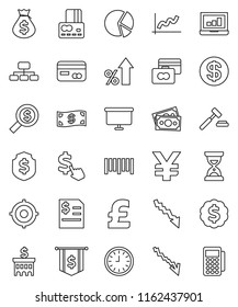 thin line vector icon set - graph vector, pie, laptop, credit card, crisis, percent growth, money bag, auction, annual report, bank building, search, clock, target, sand, presentation board, flag