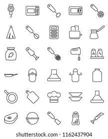 thin line vector icon set - camping cauldron vector, pan, scales, cook hat, apron, towel, whisk, skimmer, spatula, cutting board, hand mill, grater, turk coffee, mixer, toaster, spices, blender, jar