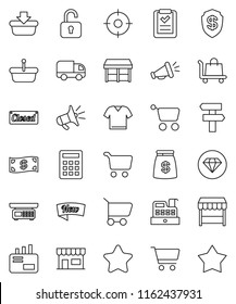 thin line vector icon set - cart vector, cash, star, money bag, new, closed, market, store, target, cashbox, basket, shopping list, calculator, trolley, delivery, mail, loudspeaker, unlock, signpost