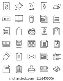 thin line vector icon set - toilet paper vector, book, pin, document, exam, cash, annual report, receipt, binder, clipboard, fitness mat, money, newspaper, mail, network, shopping bag, list, catalog