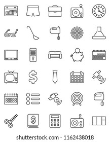 thin line vector icon set - ladle vector, mixer, glasses, piggy bank, case, annual report, tie, calendar, dollar sign, shorts, target, clock, radio, satellitie, scissors, cushioned furniture, tv