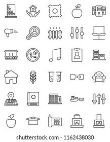 thin line vector icon set - house hold vector, apple fruit, music, personal information, any currency, cereals, navigator, phone, port, dry cargo, Railway carriage, settings, vial, microbs, server