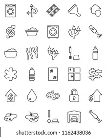 thin line vector icon set - scraper vector, water drop, window cleaning, toilet brush, washer, foam basin, shining, blender, exchange, dollar growth, bottle, route, ambulance star, gender sign, pond